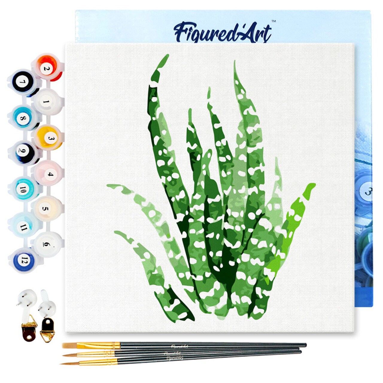 Figured'Art Mini Paint by Numbers Kit for Adults with Frame Abstract Aloe Vera Plant Small format 8"x8" - Craft Art Painting DIY Canvas Already Stretched on a Wooden Frame